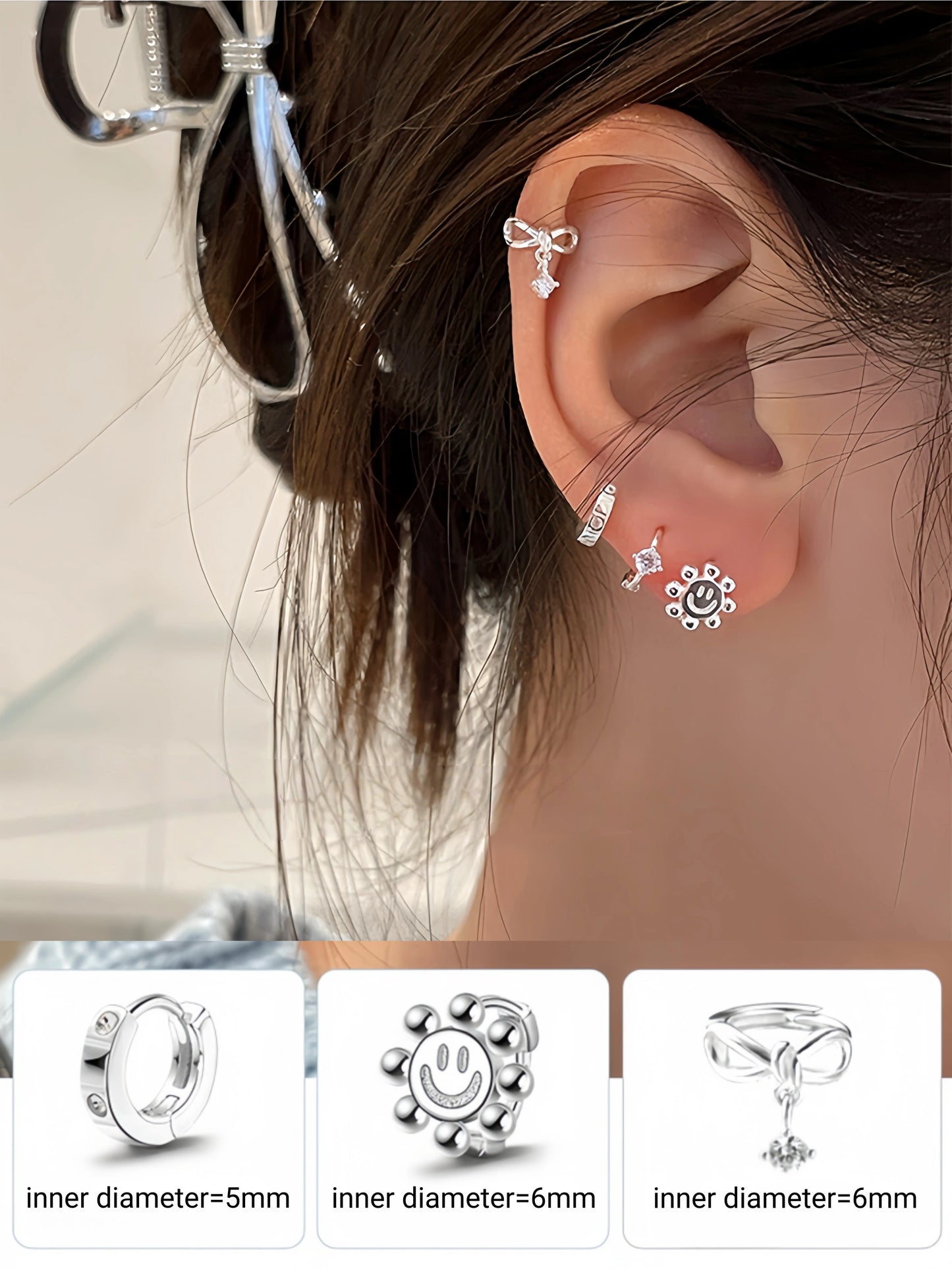 Y2k Style S999 Silver Bow Smile Zircon Earrings