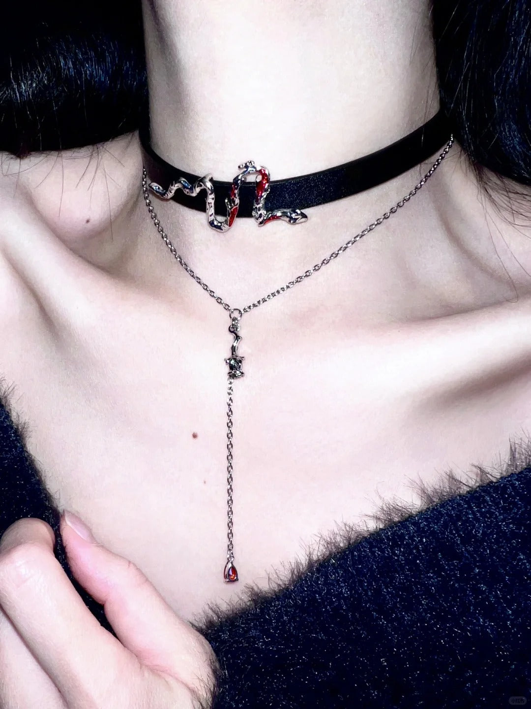 Y2K Rote Schlange Schwarze Leder Halskette