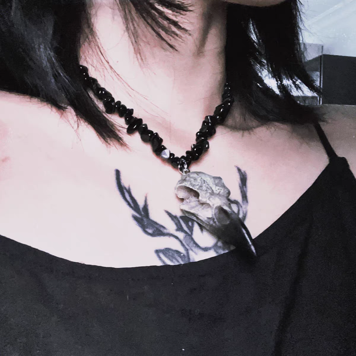 Mystic Raven Schwarze Perlen Halskette