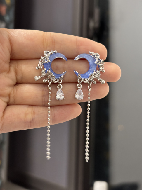 Y2K Blue Moon Rhinestone Tassel Earrings