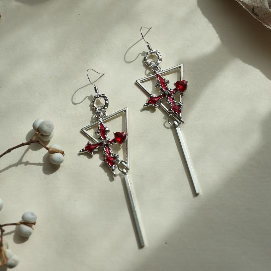 Gothic Red Cross Earrings - Inverted Triangle Dagger Drops