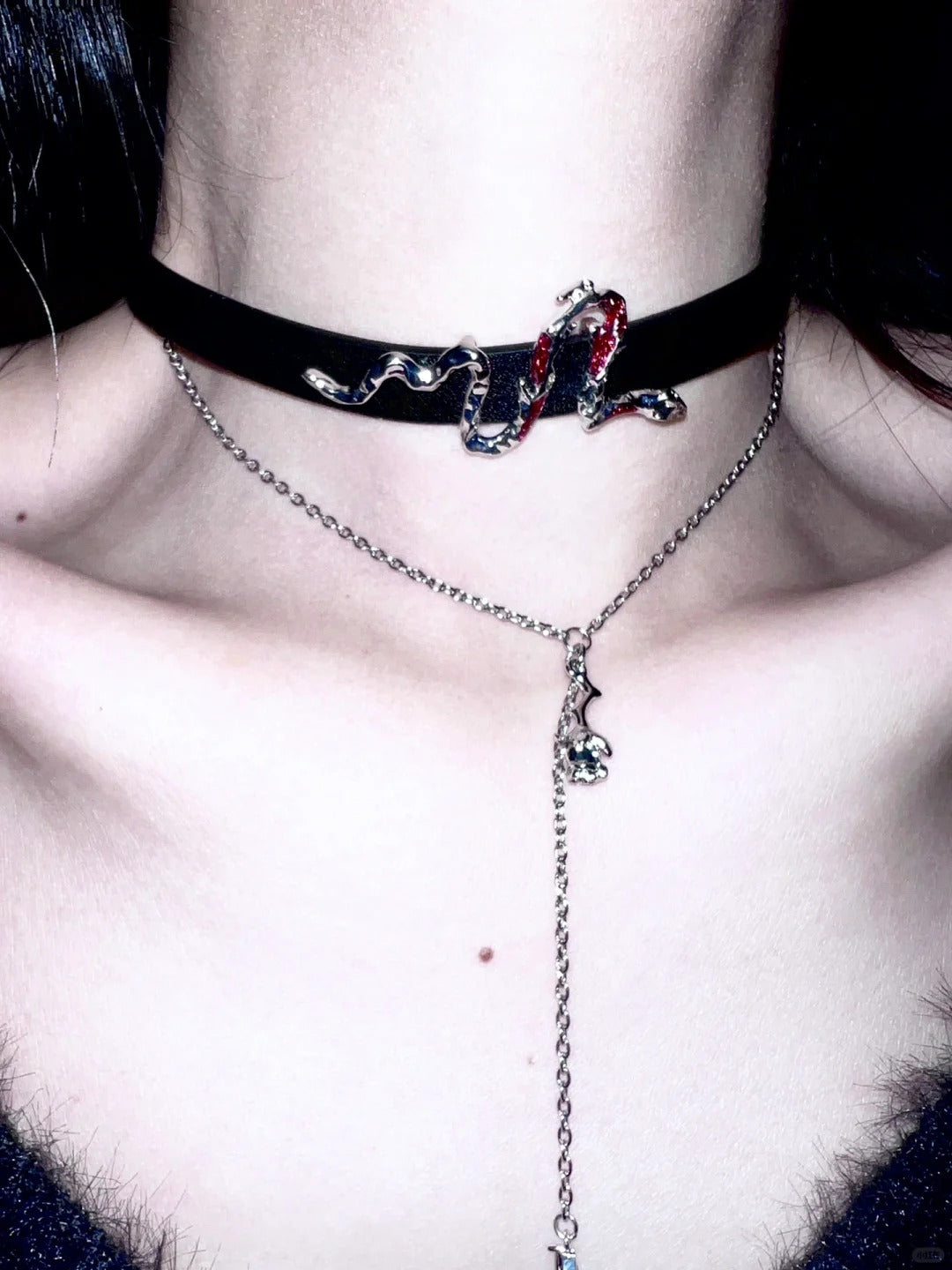 Y2K Rote Schlange Schwarze Leder Halskette