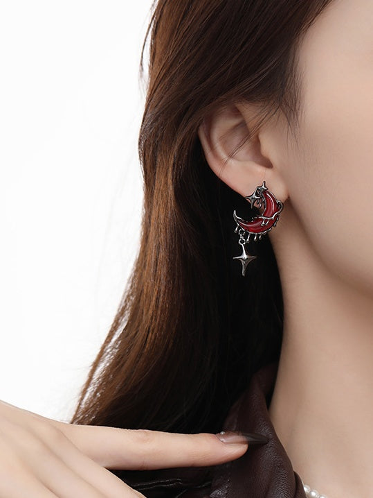 Gothic Bloody Red Moon Asymmetrical Earrings