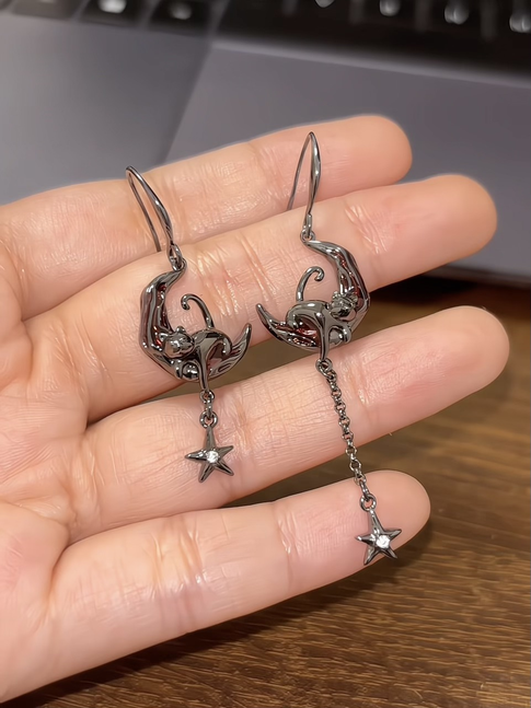 Y2K Goth Black Cat & Red Moon Asymmetrical Hook Earrings