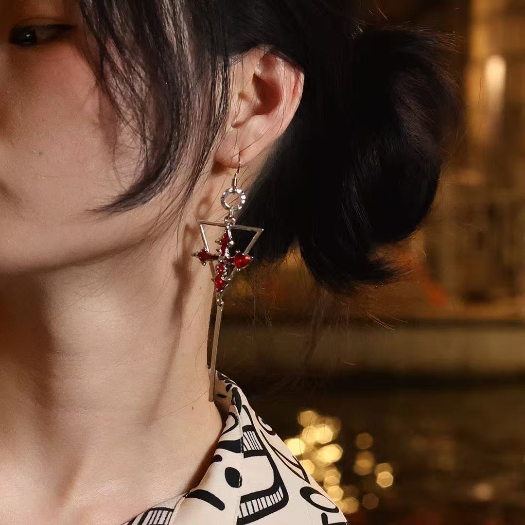 Gothic Red Cross Earrings - Inverted Triangle Dagger Drops