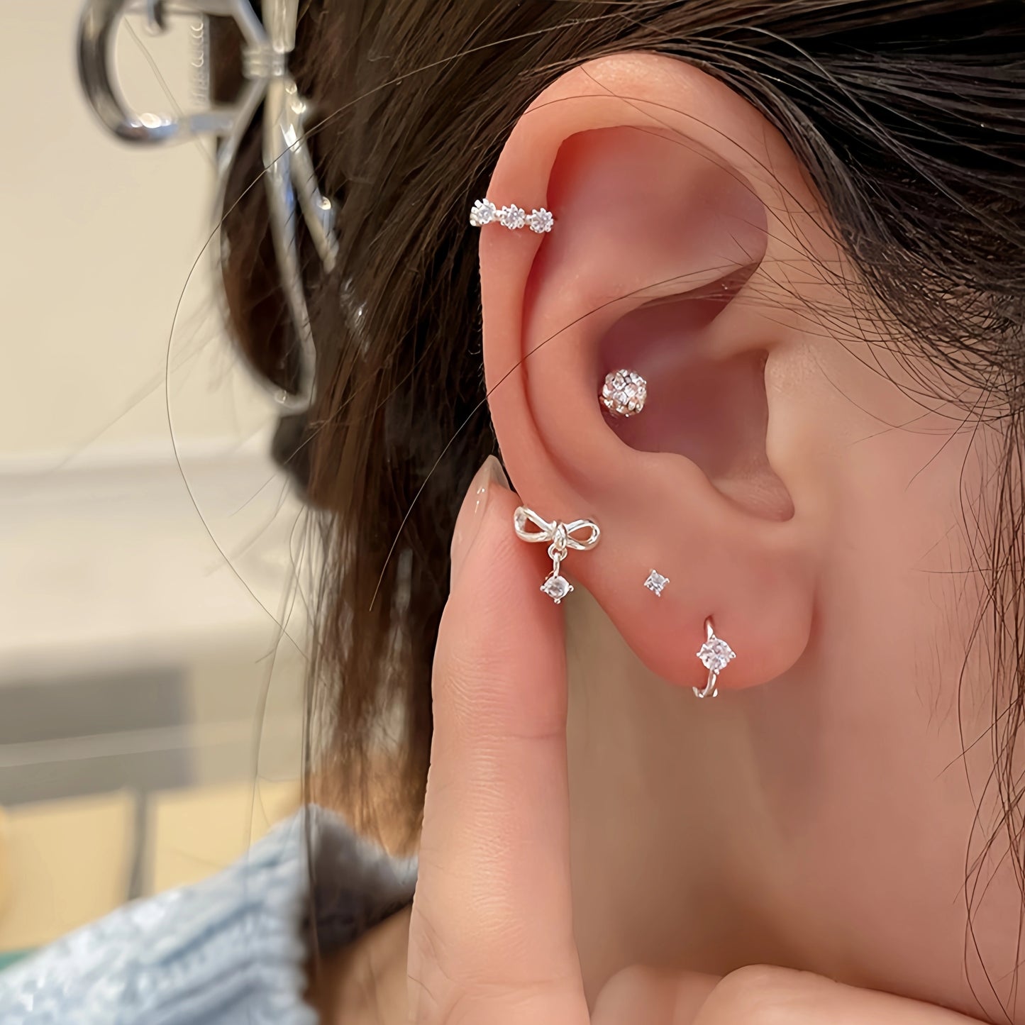 Y2k Style S999 Silver Bow Smile Zircon Earrings