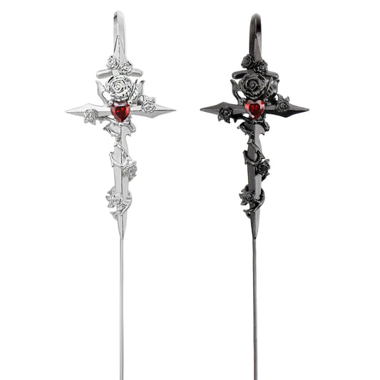 Unisex Goth Thorn Rose Cross Earrings