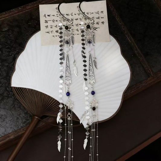 Antique-style Long Tassel Star Feather Ear Cuffs