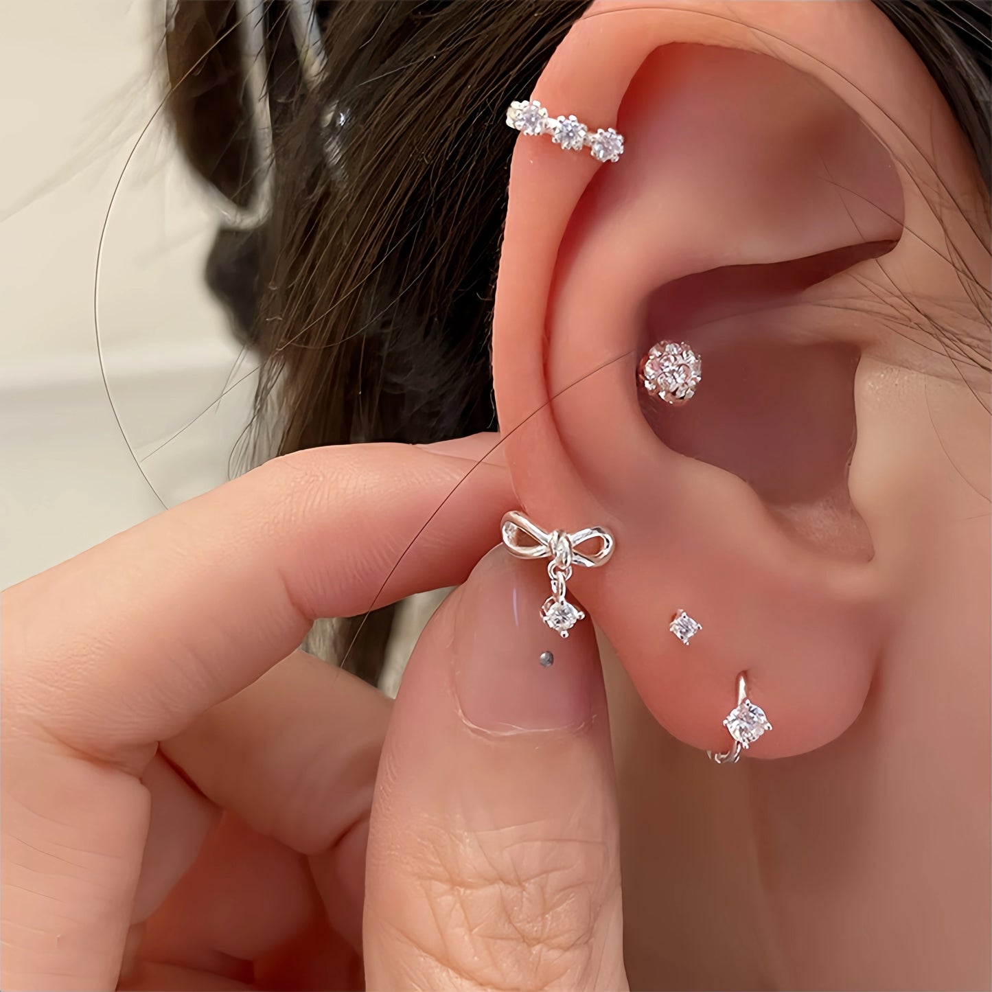 Y2k Style S999 Silver Bow Smile Zircon Earrings