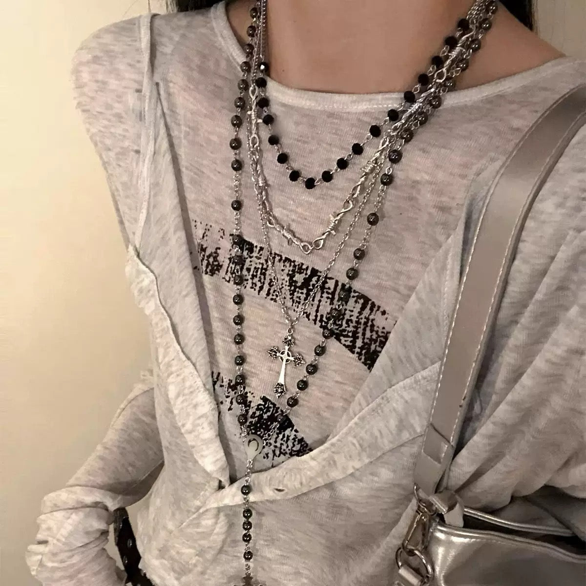 Y2K Goth Vintage Cross Beads Multi-Layer Necklace