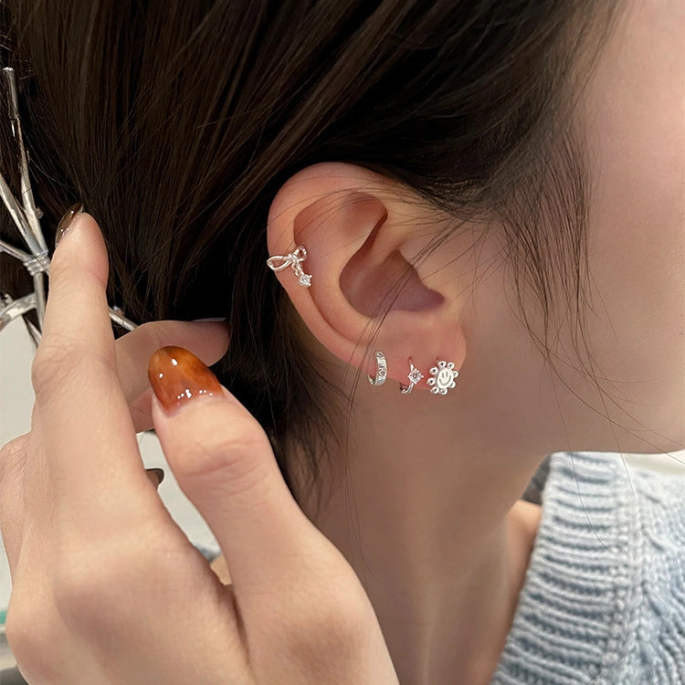 Y2k Style S999 Silver Bow Smile Zircon Earrings