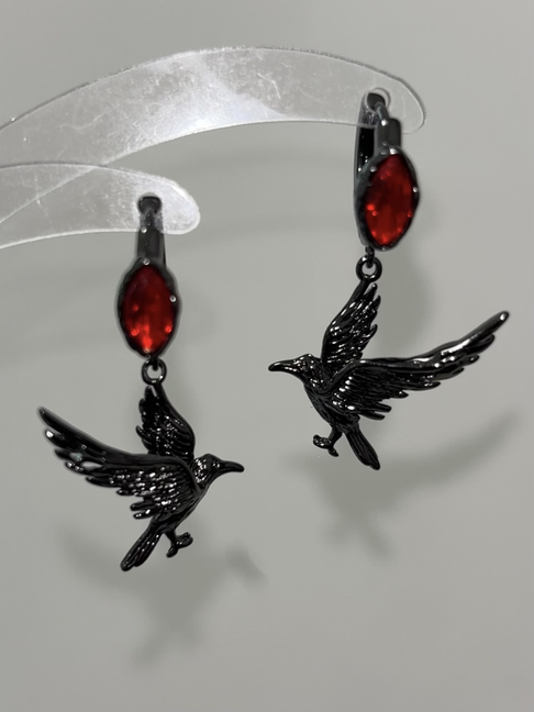 Goth Black Raven Hoop Earrings