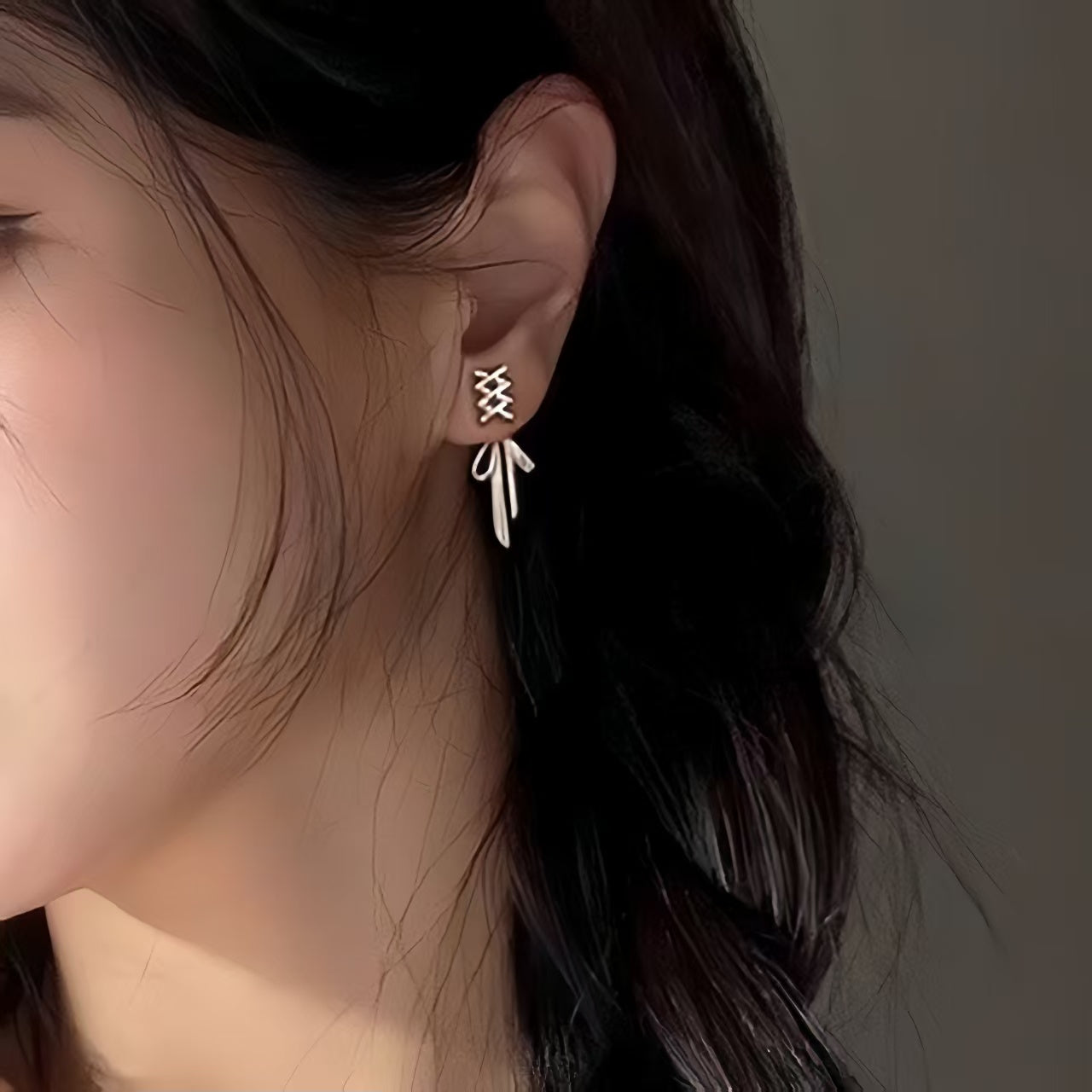 Sweet Silver Ribbon Bow Stud Earrings