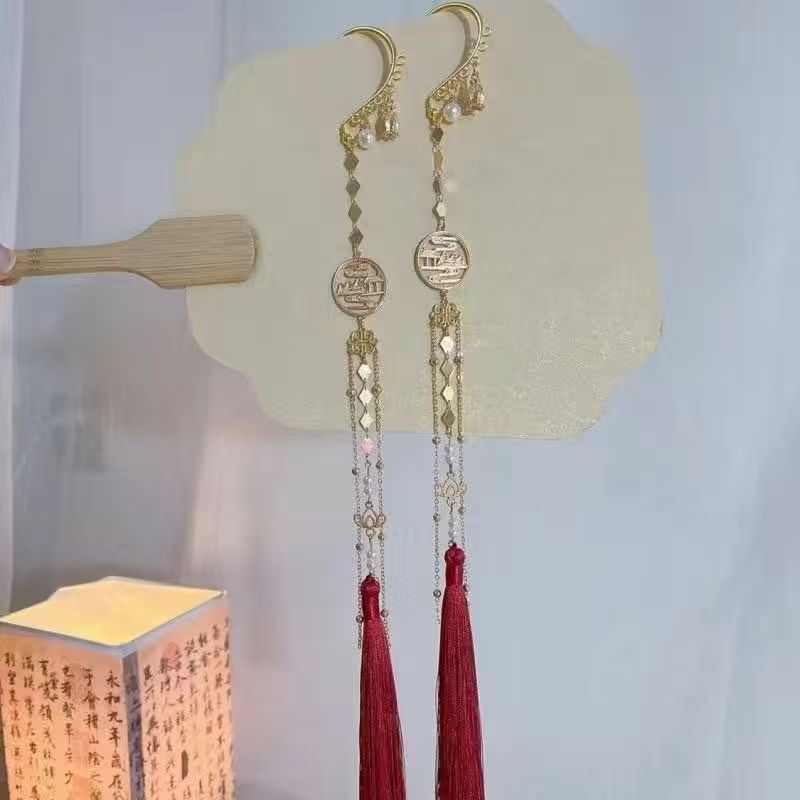 Xie Lian &amp; Hua Cheng – Designer-Ohrmanschette mit langer Quaste und Perlen (ein Paar)