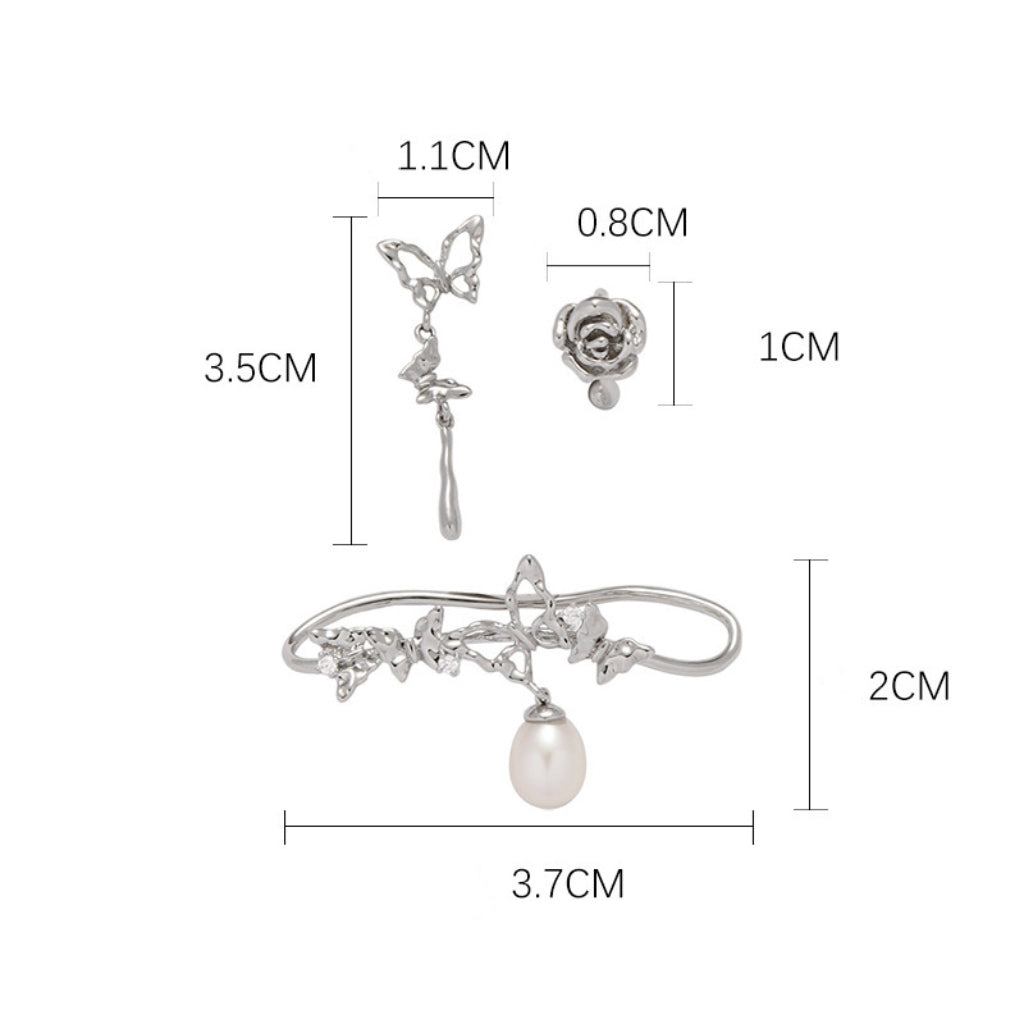 Hübsches Mädchen Designer Weiß Schmetterling Rose Perle Ohr Manschette &amp; Ohrstecker