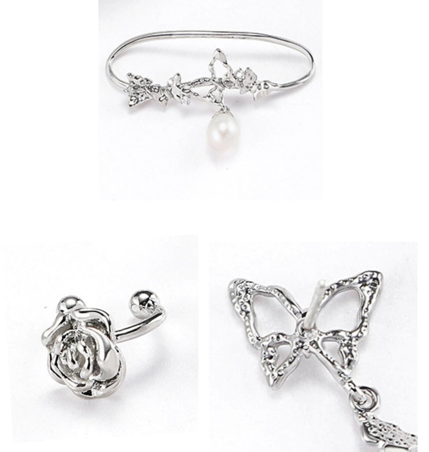 Hübsches Mädchen Designer Weiß Schmetterling Rose Perle Ohr Manschette &amp; Ohrstecker