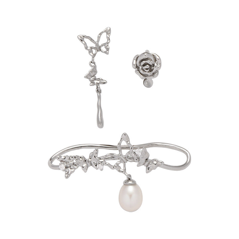 Hübsches Mädchen Designer Weiß Schmetterling Rose Perle Ohr Manschette &amp; Ohrstecker