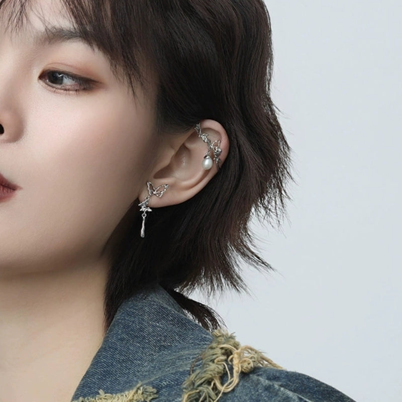 Hübsches Mädchen Designer Weiß Schmetterling Rose Perle Ohr Manschette &amp; Ohrstecker