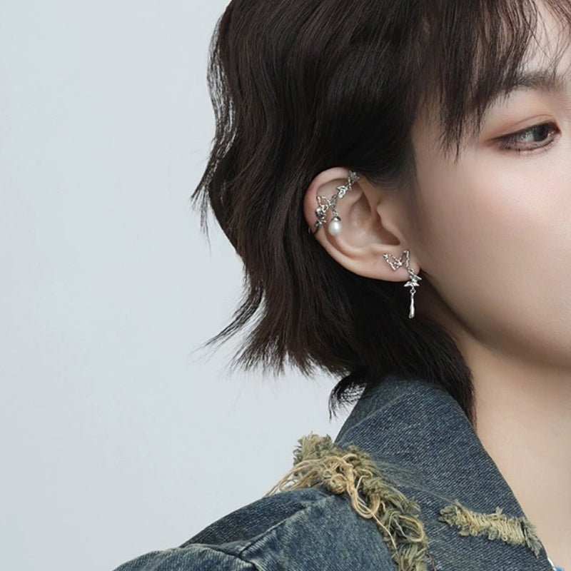 Hübsches Mädchen Designer Weiß Schmetterling Rose Perle Ohr Manschette &amp; Ohrstecker