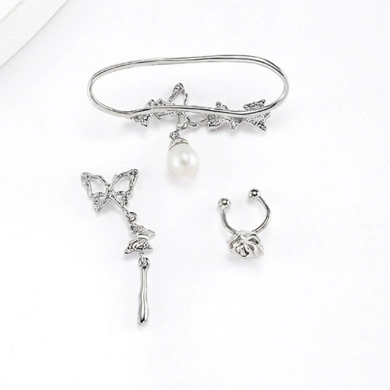 Hübsches Mädchen Designer Weiß Schmetterling Rose Perle Ohr Manschette &amp; Ohrstecker