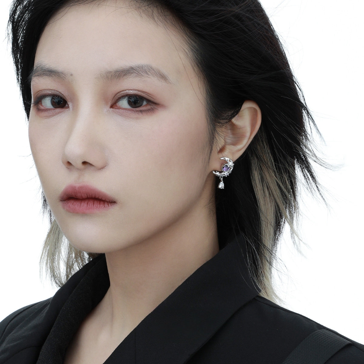 S925 Silber Lila Zirkon Halbmond Ohrstecker / Ring