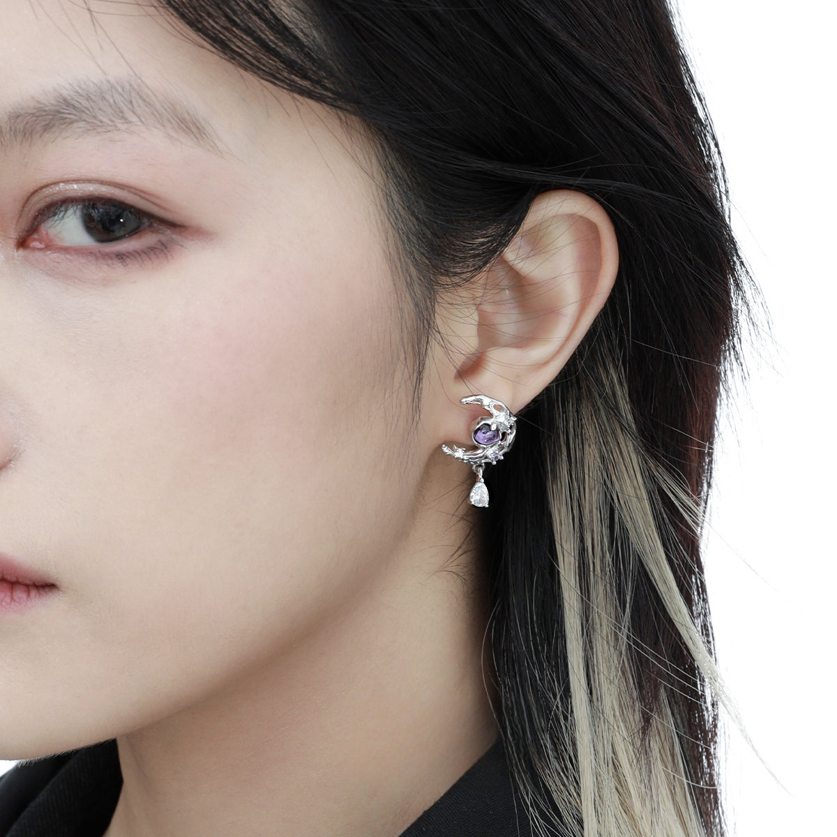 S925 Silber Lila Zirkon Halbmond Ohrstecker / Ring