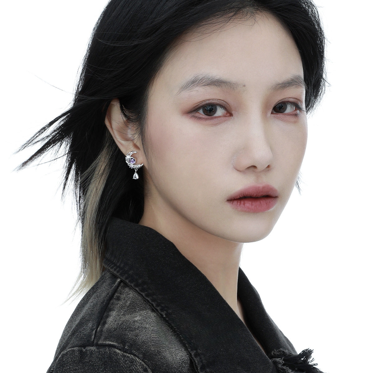 S925 Silber Lila Zirkon Halbmond Ohrstecker / Ring