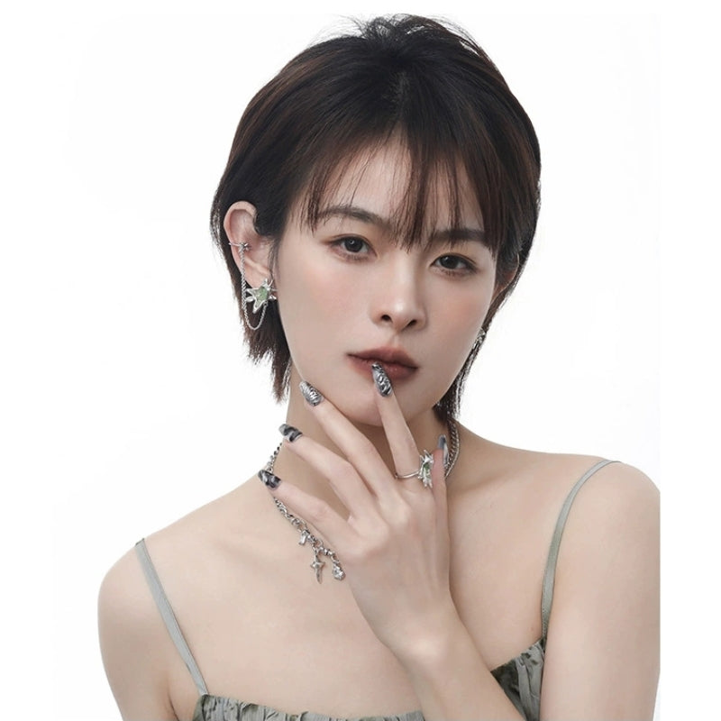 Designer Chic Girl Grüner Stern Asymmetrische Quaste Ohrstecker &amp; Ohrklemme