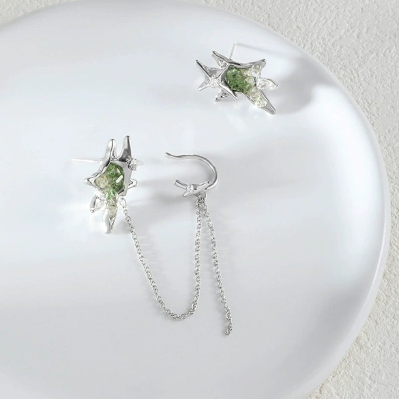 Designer Chic Girl Grüner Stern Asymmetrische Quaste Ohrstecker &amp; Ohrklemme