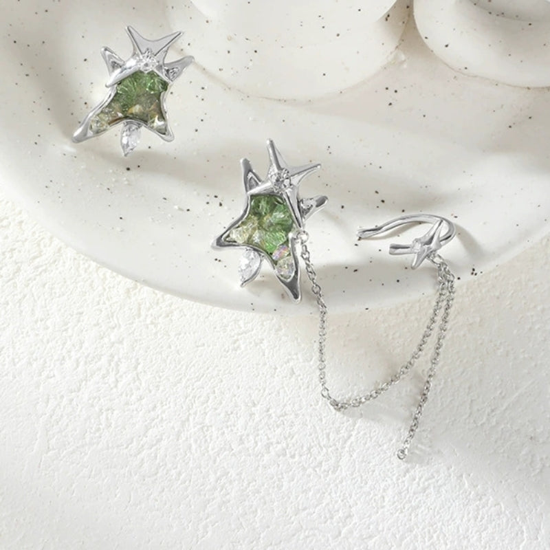 Designer Chic Girl Grüner Stern Asymmetrische Quaste Ohrstecker &amp; Ohrklemme
