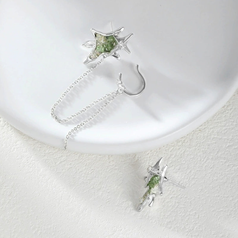 Designer Chic Girl Grüner Stern Asymmetrische Quaste Ohrstecker &amp; Ohrklemme