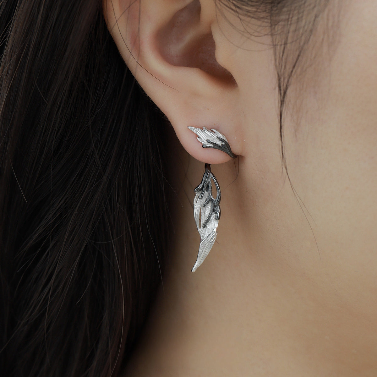 S925 Silber Schwarz Engel Flügel Feder Designer Ohrstecker