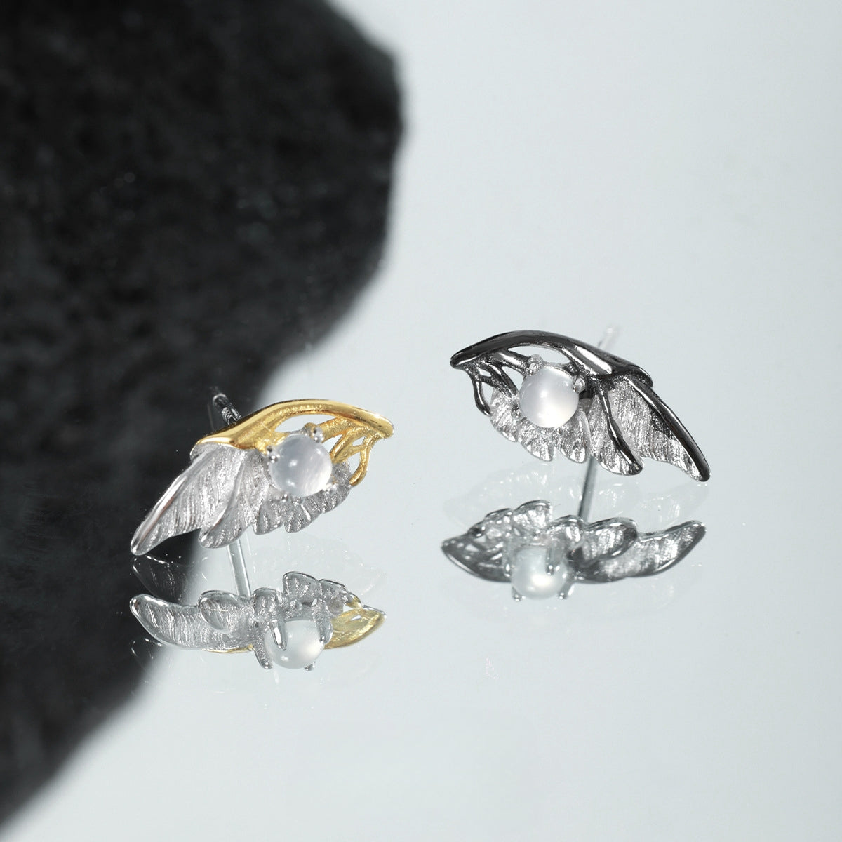 S925 Silber Schwarz Engelsflügel Ohrstecker