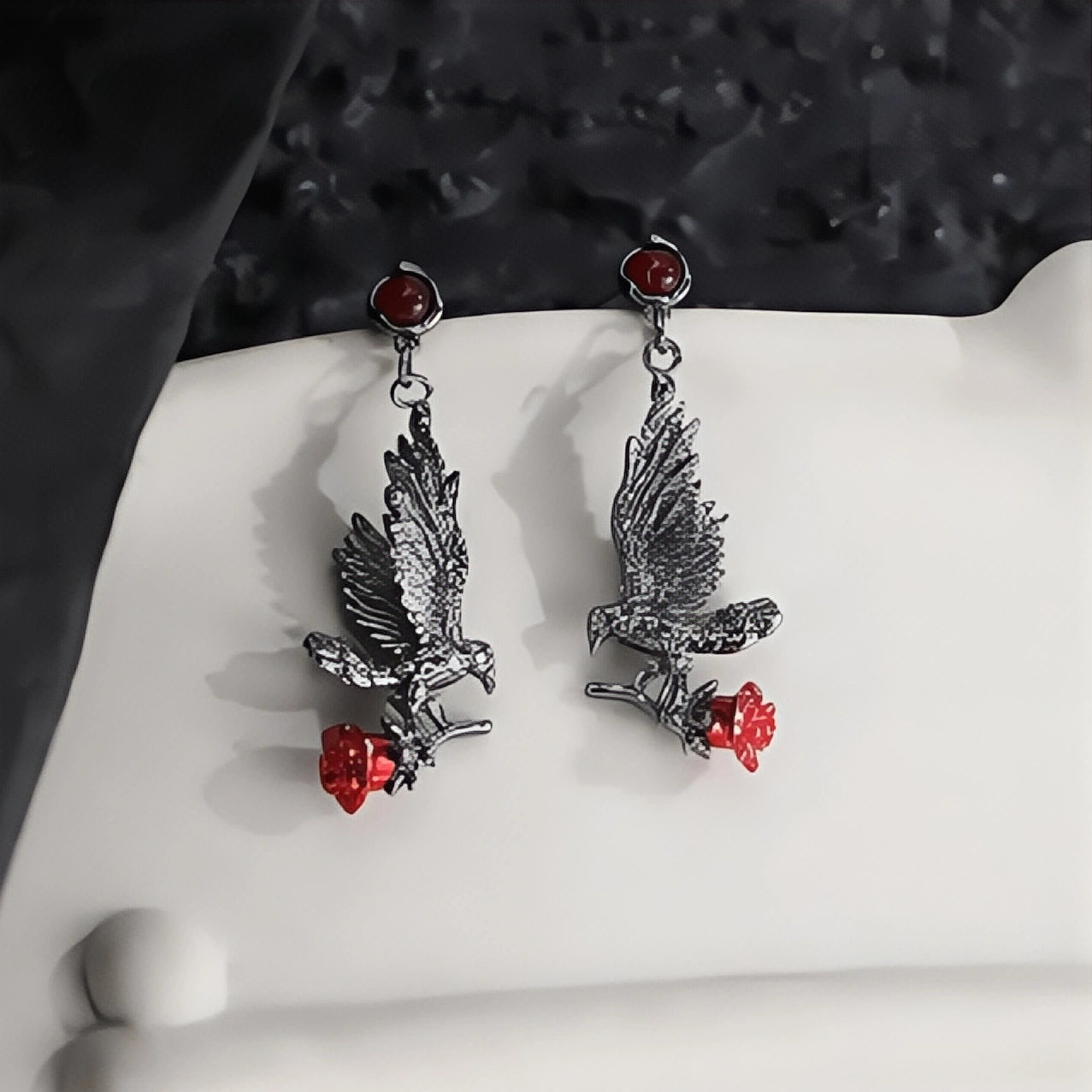 Dark Gothic Raven Rose Stud Earrings
