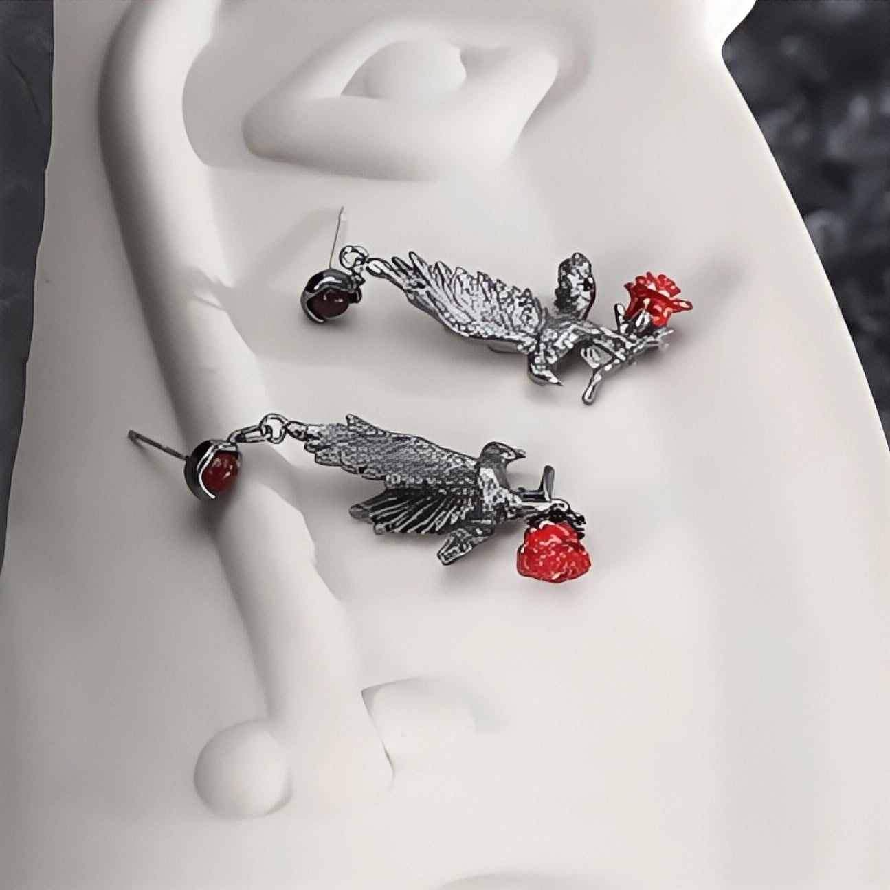 Dark Gothic Raven Rose Stud Earrings