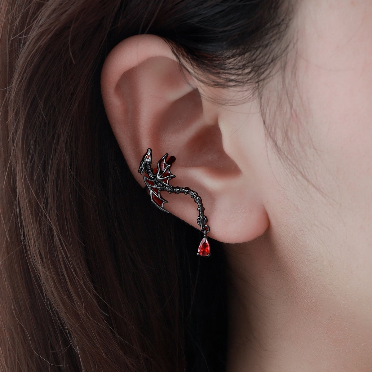 S925 Silver Goth Red Dragon Ear Cuff