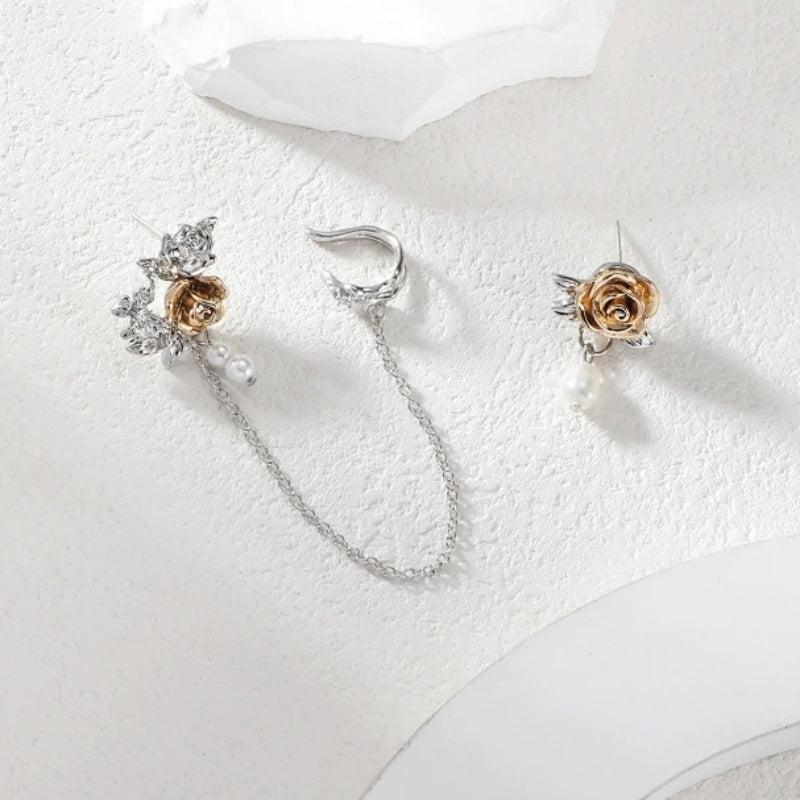 Designer-Ohrringe für Mädchen im Vintage-Stil aus Metall mit goldener Rose und Perlen