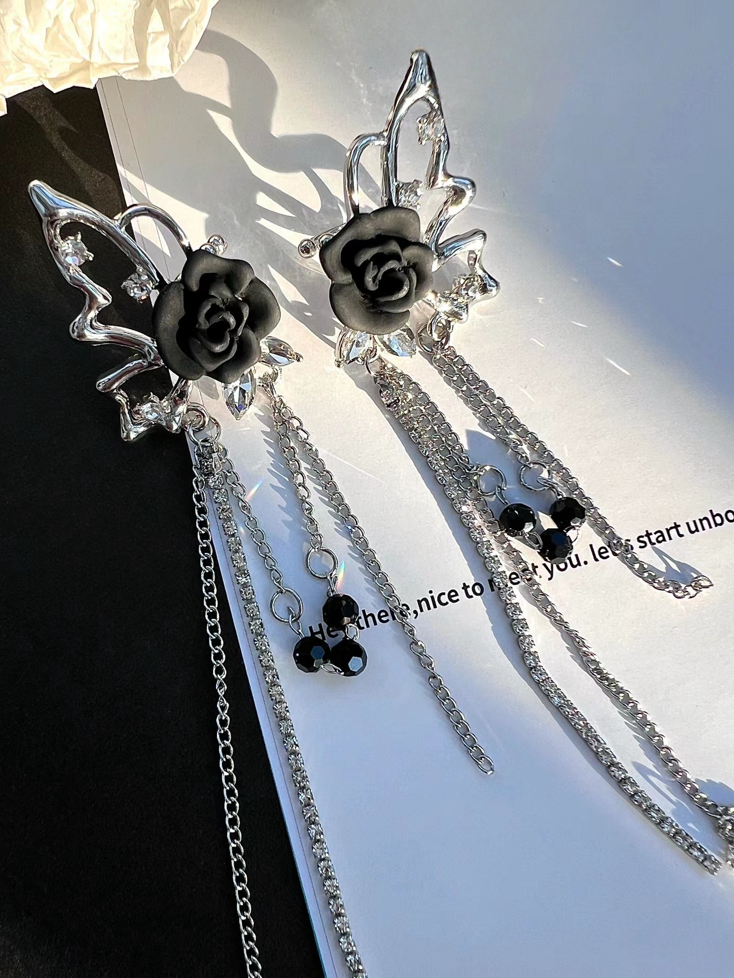 Gothic Butterfly Black Rose Tassel Ear Cuff