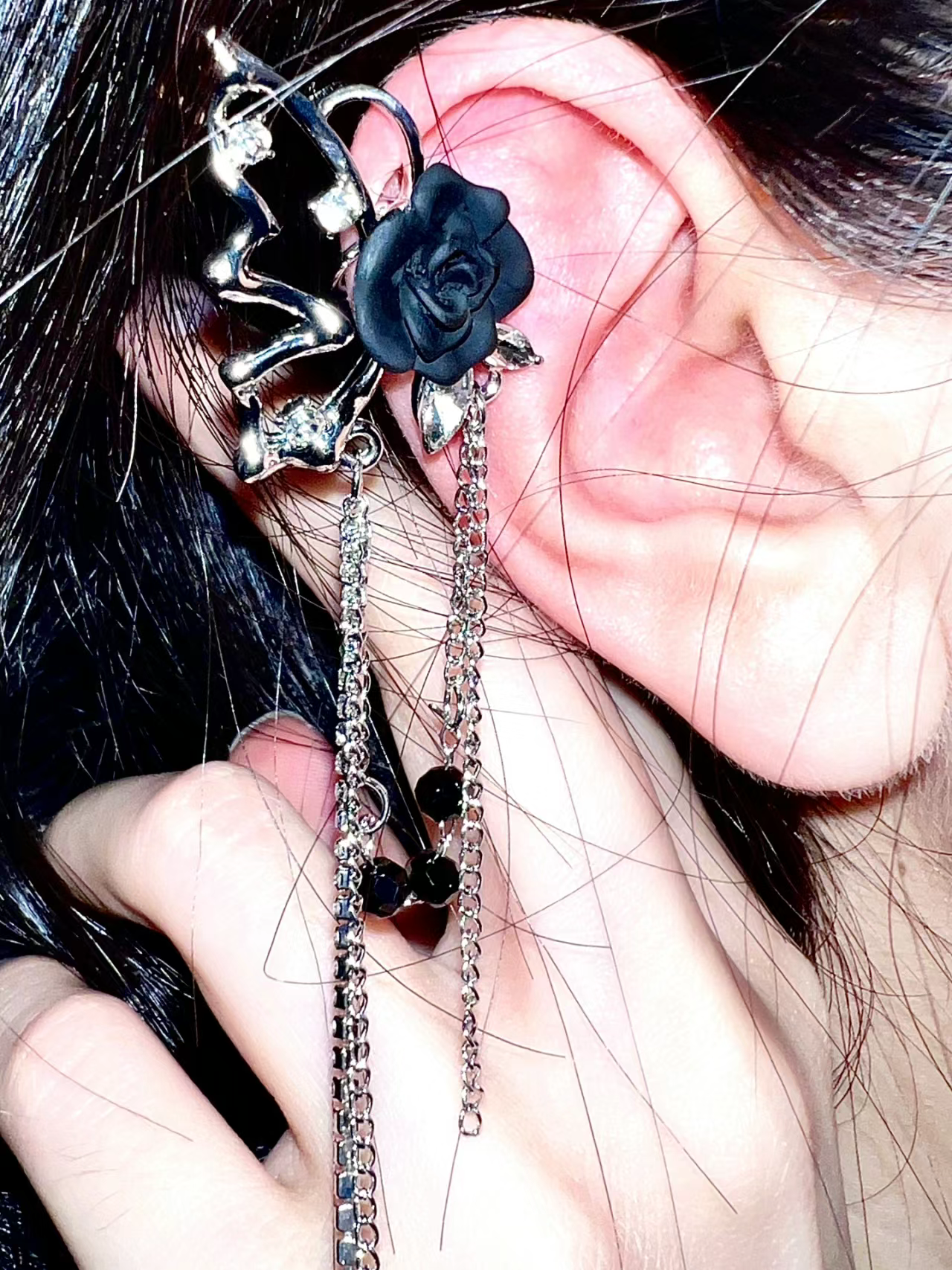 Gothic Butterfly Black Rose Tassel Ear Cuff