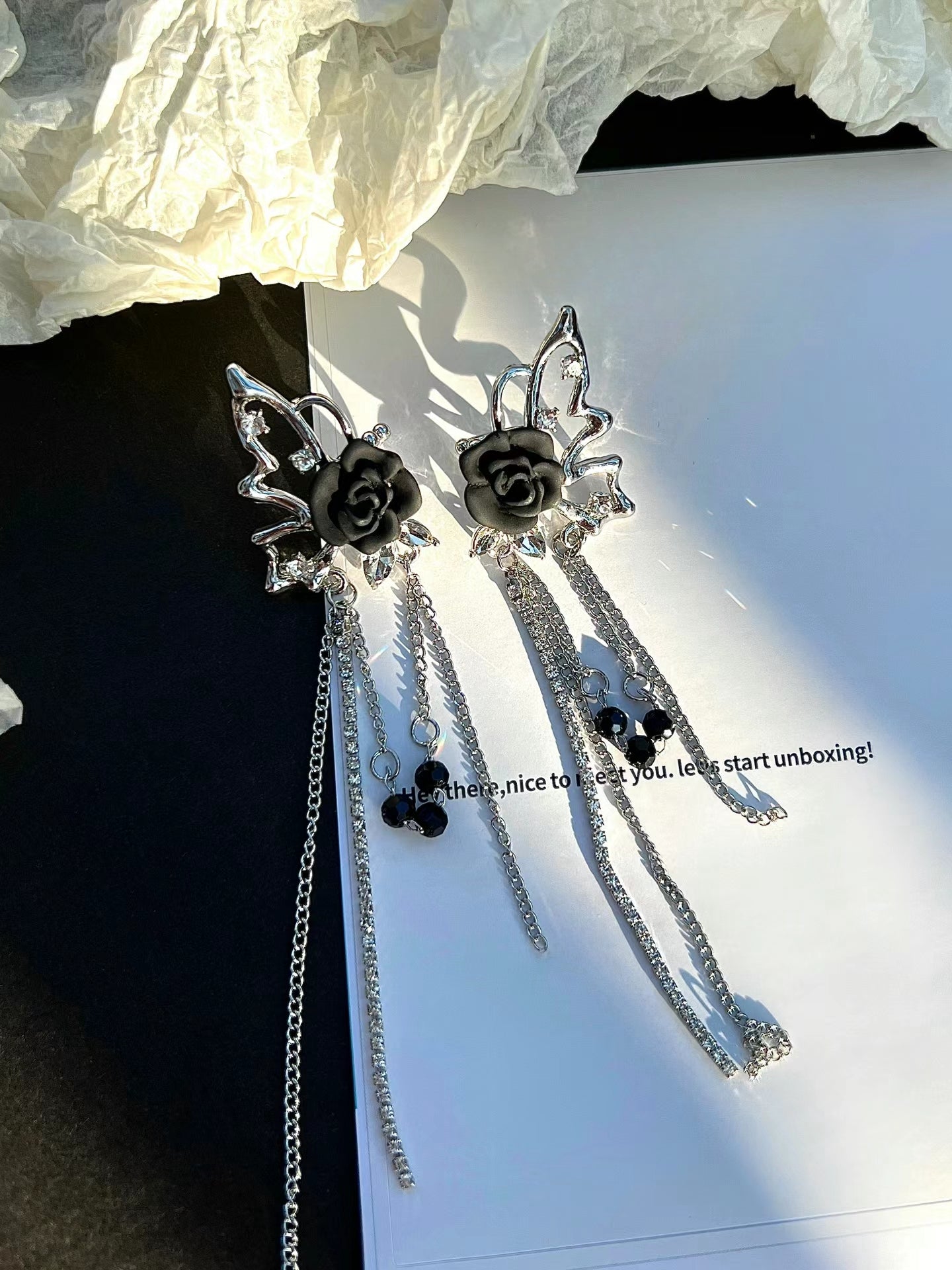 Gothic Butterfly Black Rose Tassel Ear Cuff