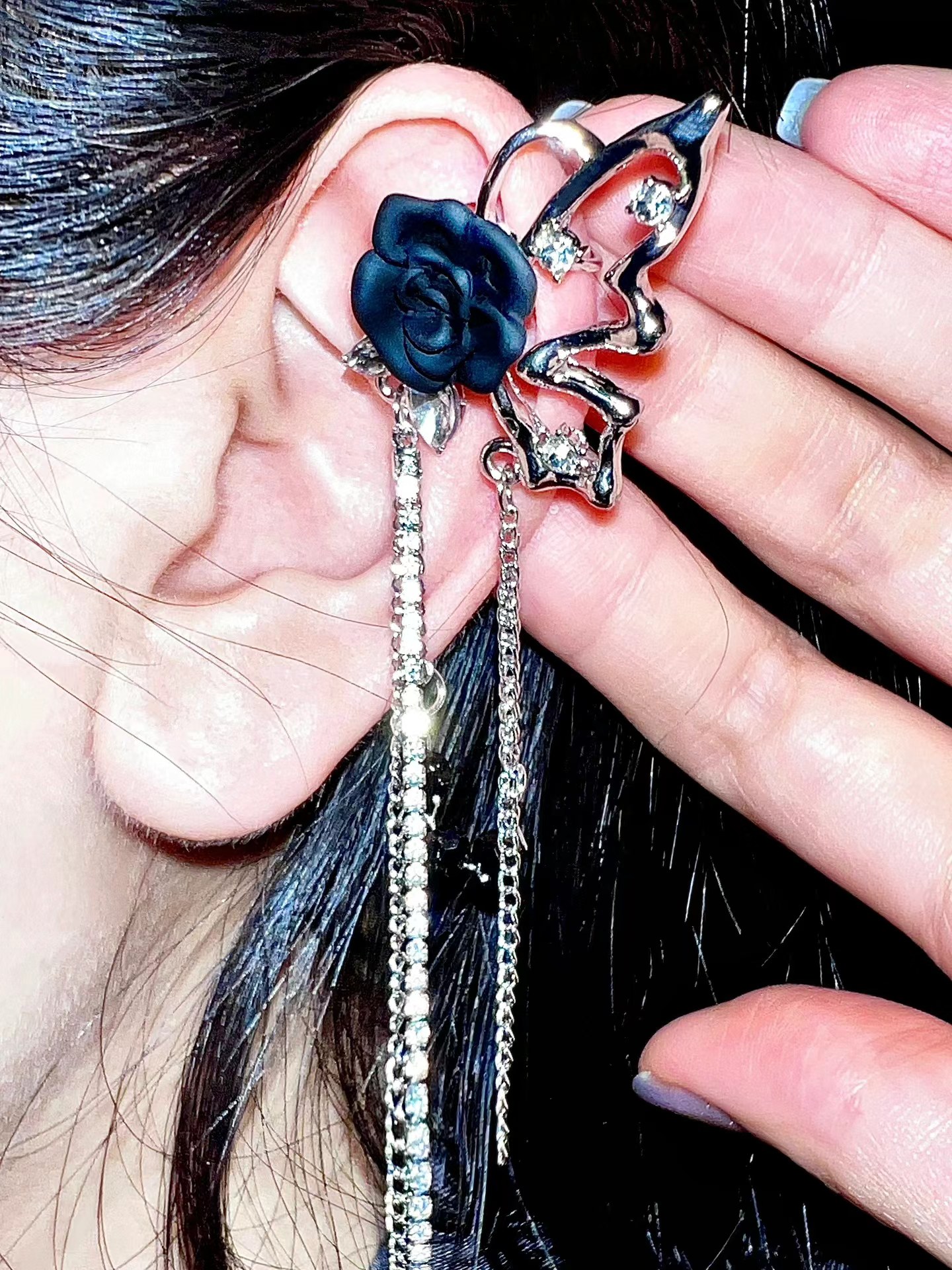 Gothic Butterfly Black Rose Tassel Ear Cuff