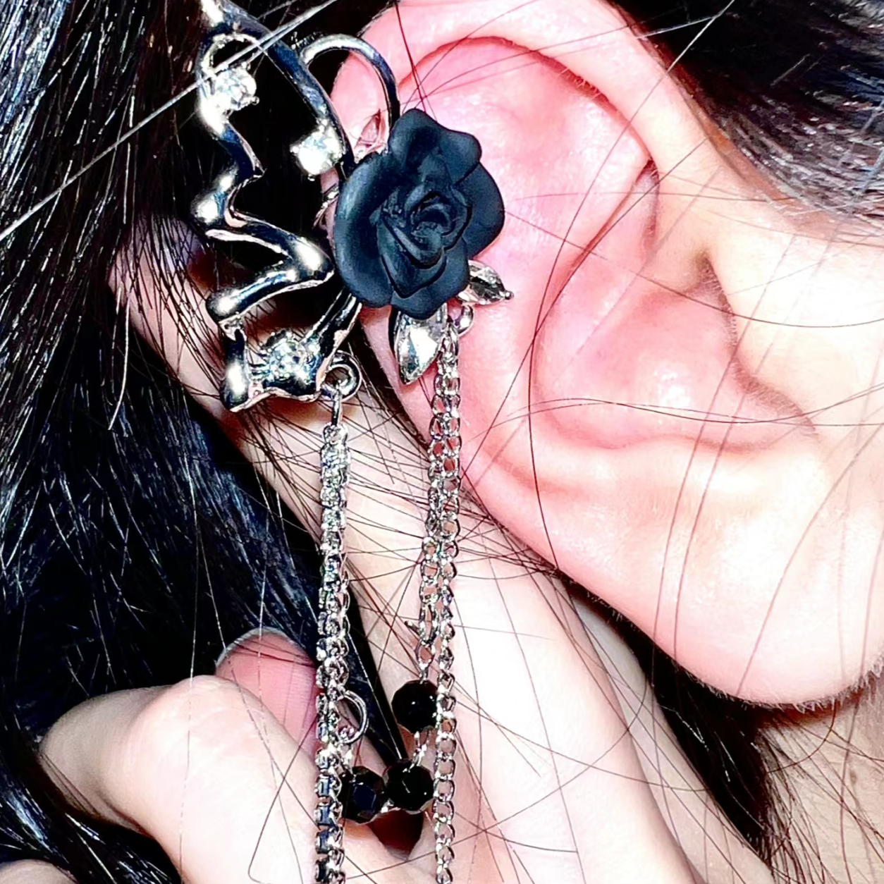 Gothic Butterfly Black Rose Tassel Ear Cuff
