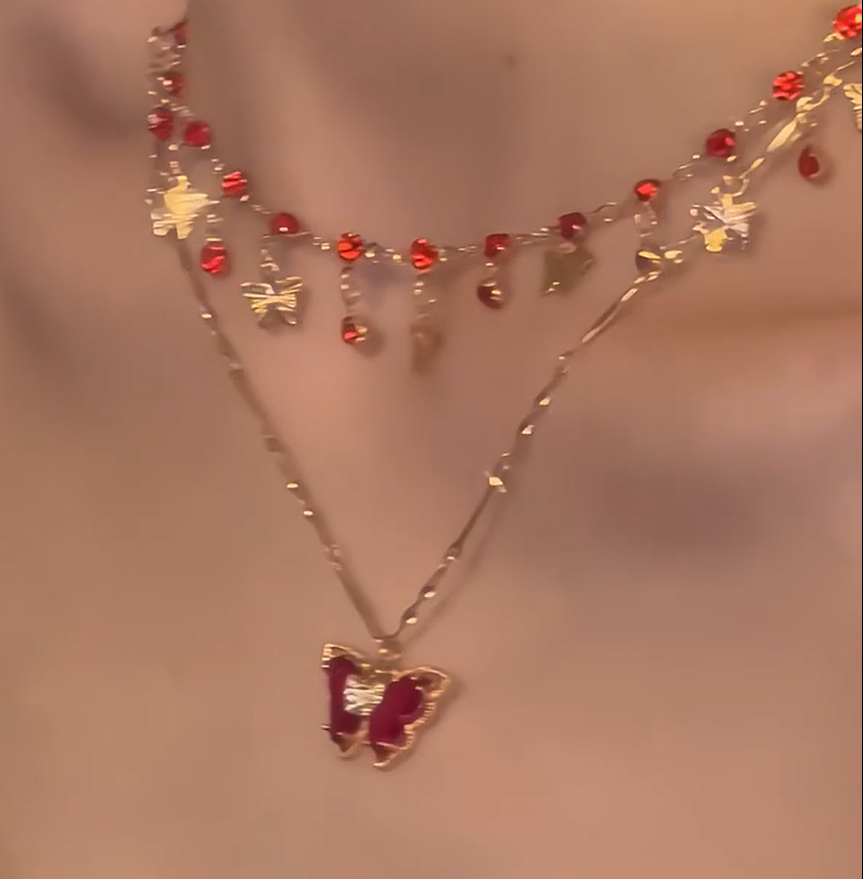 Y2K Mädchen Roter Schmetterling Doppellagige Kette Halskette &amp; Armband