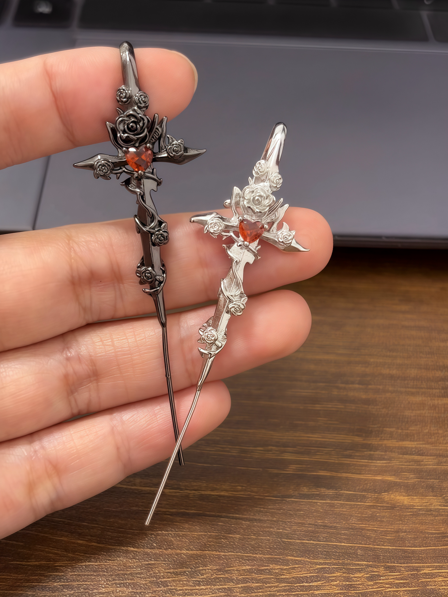 Unisex Goth Thorn Rose Cross Earrings