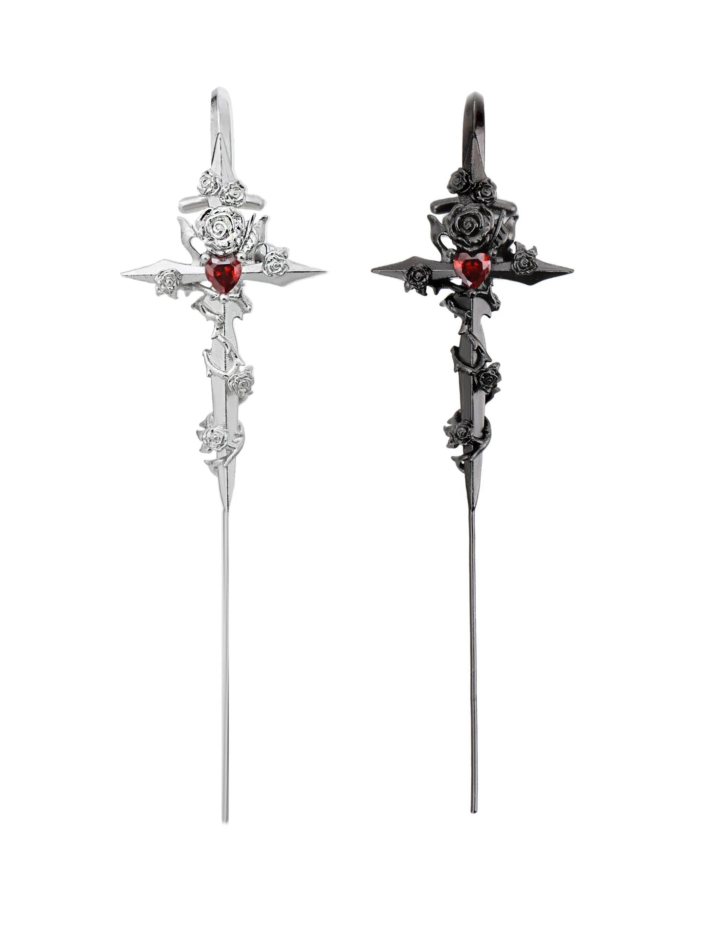 Unisex Goth Thorn Rose Cross Earrings
