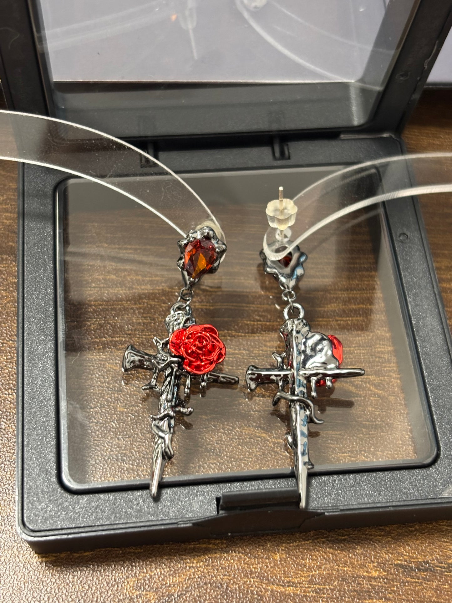 Gothic Style Red Rose & Cross Zircon Necklace