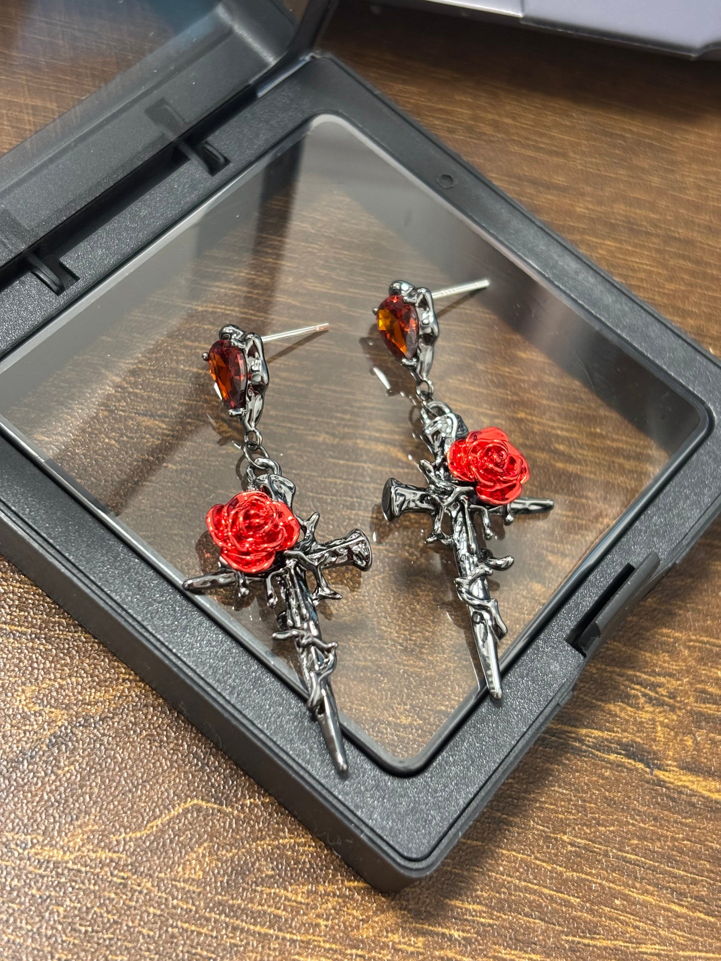 Gothic Style Red Rose & Cross Zircon Necklace