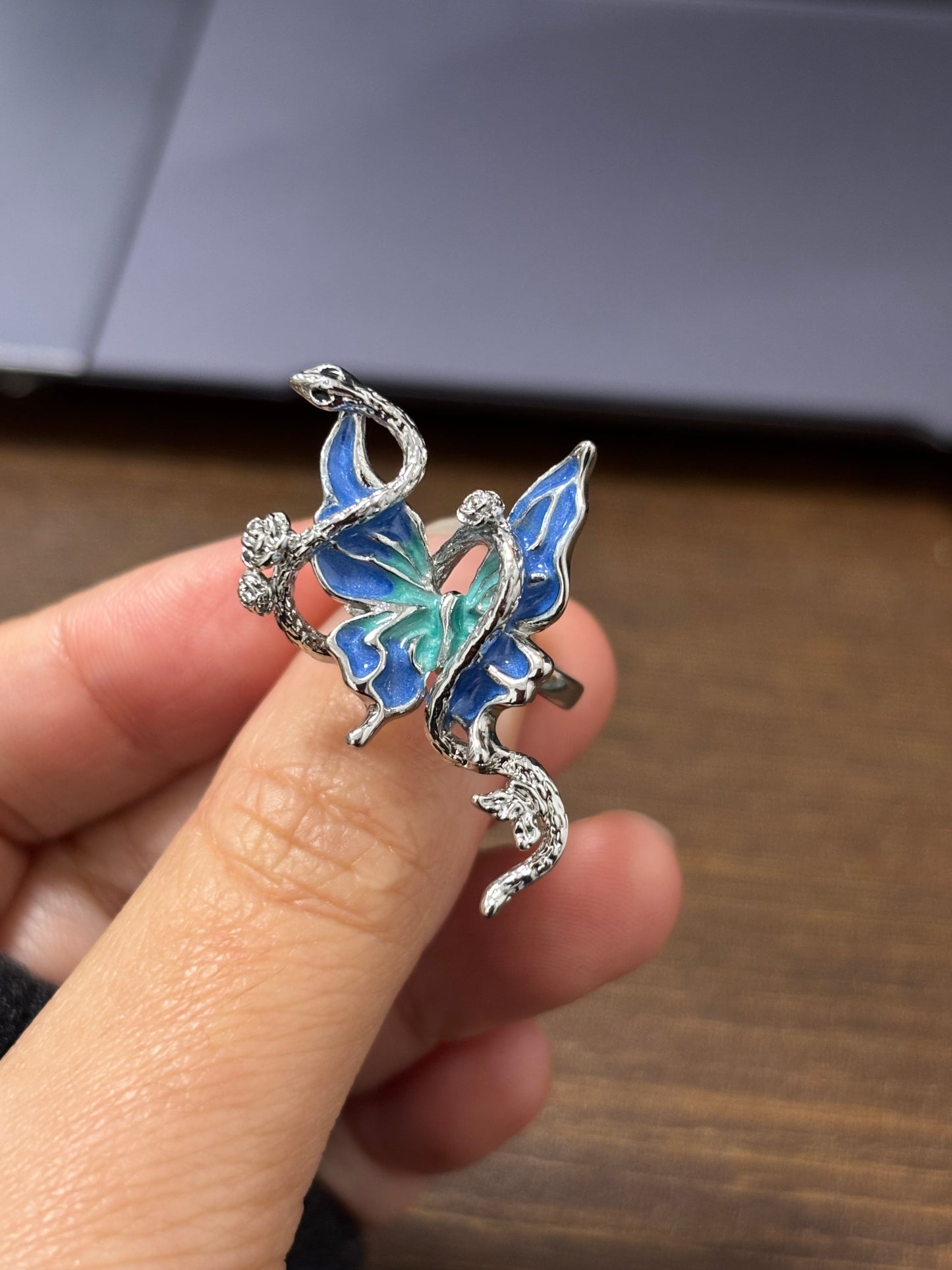 Y2K Designer Blue Snake & Butterfly Adjustable Ring