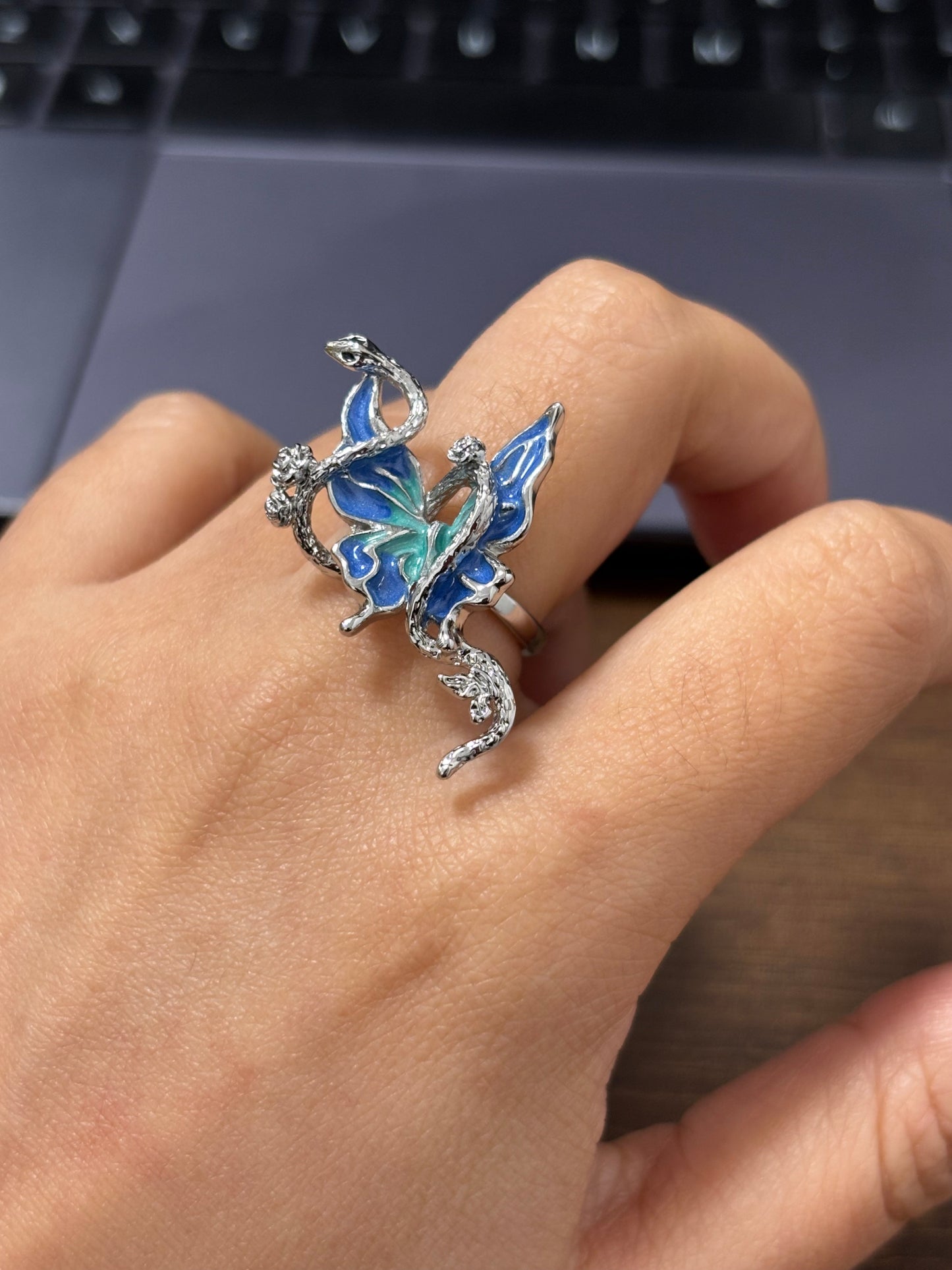 Y2K Designer Blue Snake & Butterfly Adjustable Ring