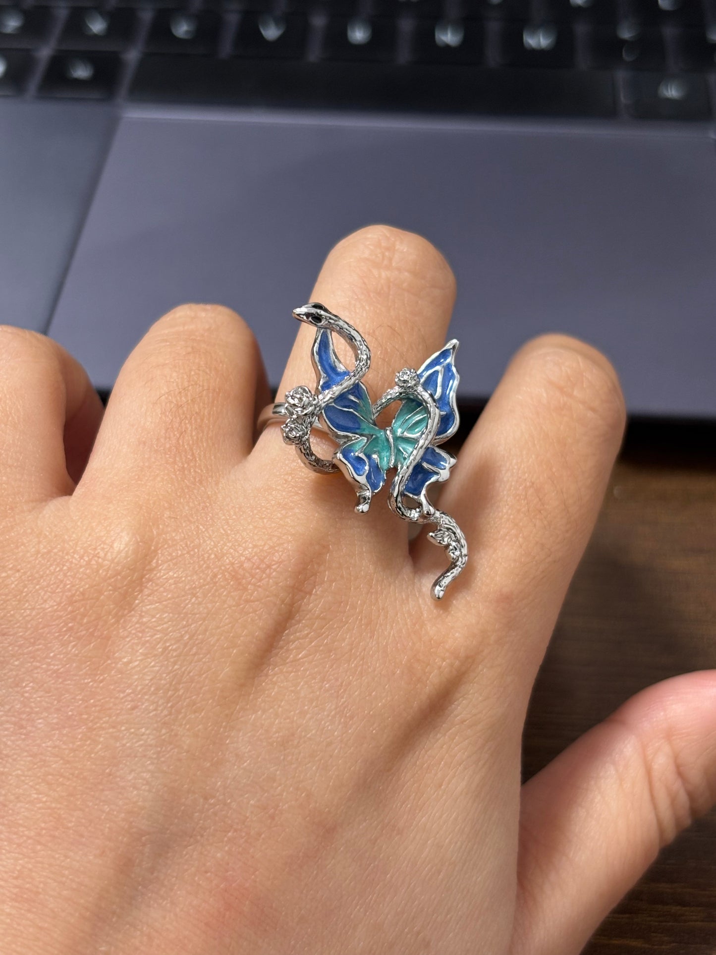 Y2K Designer Blue Snake & Butterfly Adjustable Ring